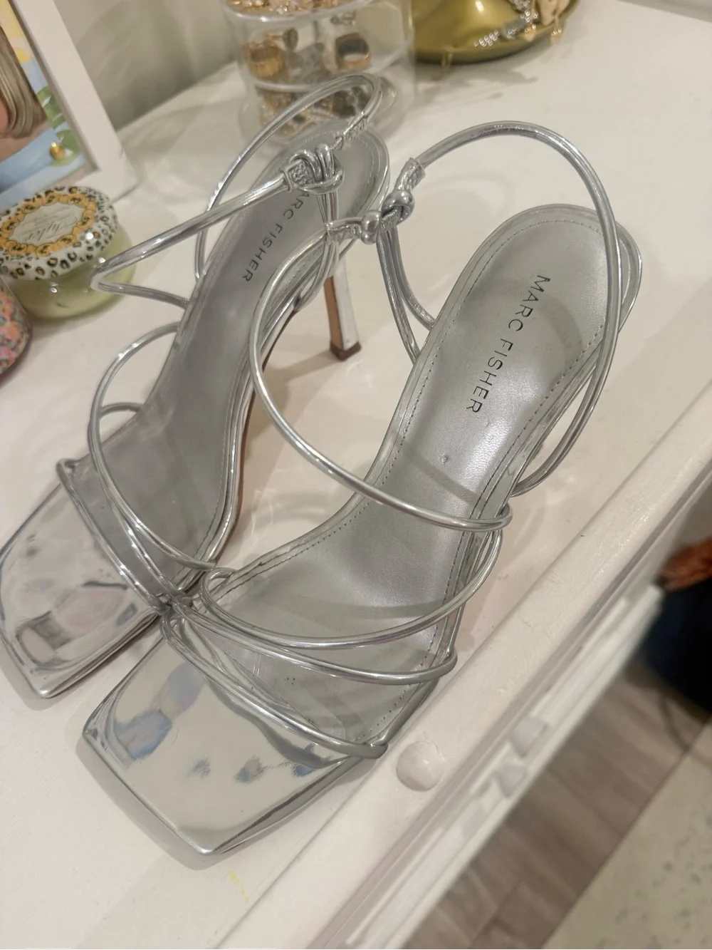 Marc Fisher Metallic Silver Strappy Square-Toe Heels